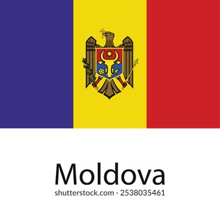 A bandeira nacional da Moldávia, com um triband amarelo, azul e vermelho com o emblema nacional da Moldávia no centro.