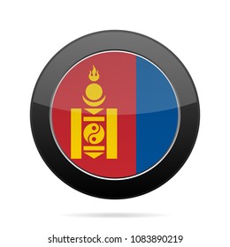 National flag of Mongolia. Shiny black round button with shadow.