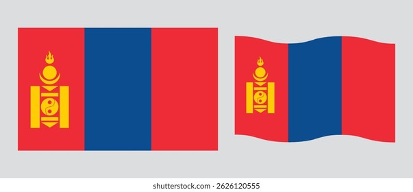 Ilustração vetorial da Bandeira Nacional da Mongólia com tamanho e proporção padrão. Emblema da bandeira nacional com tamanho e cores precisos. Bandeira nacional oficial da Mongólia.