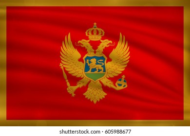 The national flag of Montenegro on wavy silk background with bokeh lights. Realistic vector illustration.