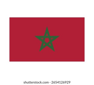 Bandera nacional de Marruecos con un fondo rojo y una estrella verde de cinco puntas en el centro. Ilustración vectorial plana.

