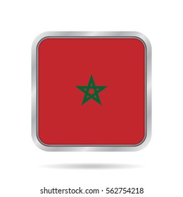 National flag of Morocco. Shiny metallic gray square button with shadow.