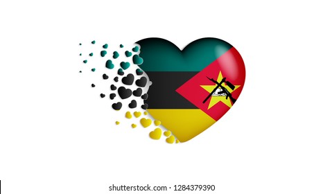 National flag of Mozambique in heart illustration. With love to Mozambique country. The national flag of Mozambique fly out small hearts