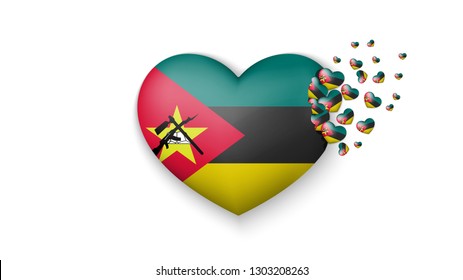 National flag of Mozambique in heart illustration. With love to Mozambique country. The national flag of Mozambique fly out small hearts on white background