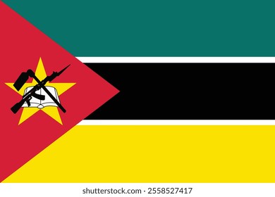 The national flag of Mozambique is a horizontal tricolour of green, black, and gold with white fimbriations and a red isosceles triangle at the hoist. 