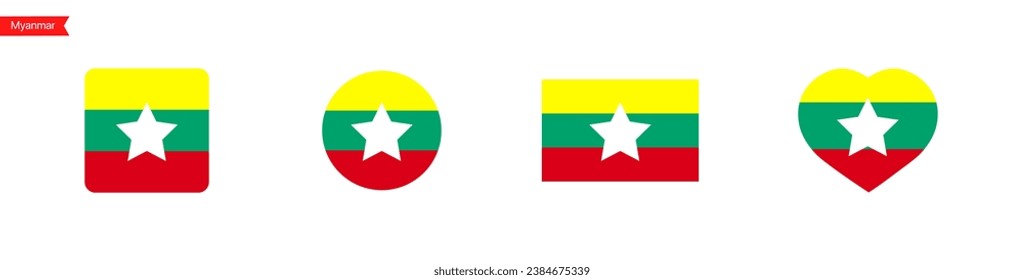 National flag of Myanmar. Myanmar flag icons for language selection. Myanmar flag in the shape of a square, circle, heart. Vector icons