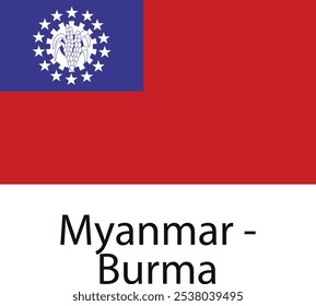 The national flag of Myanmar, also known as Burma, featuring a red field with a blue canton containing a white star and a gear with a 14-pointed white star surrounding it.