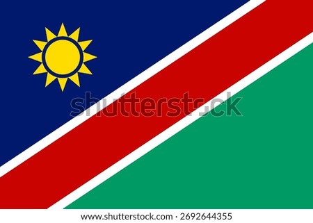 National flag of Namibia with diagonal red, white, blue, and green stripes and golden sun. Symbolizes unity, independence, and Namib Desert heritage.