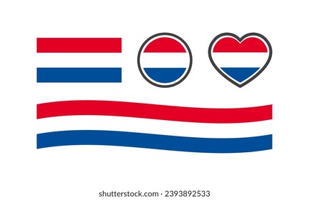 National flag of Netherlands. Flat, color, national flag of Netherlands in the shape of a square, circle, heart. Netherlands flag for design. Vector icons