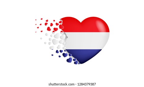 National flag of Netherlands in heart illustration. With love to Netherlands country. The national flag of Netherlands fly out small hearts