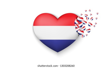 National flag of Netherlands in heart illustration. With love to Netherlands country. The national flag of Netherlands fly out small hearts on white background