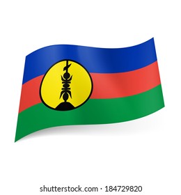 National flag of New Caledonia. Blue, red and green horizontal stripes with black sign in yellow disc.