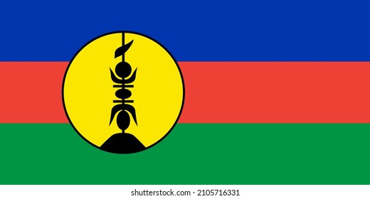 National Flag New Caledonia, horizontal tricolour of blue, red, and green charged with a yellow disc outlined in black and defaced with a black fleche faitiere