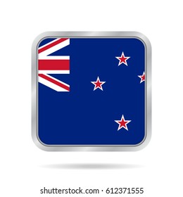 National flag of New Zealand. Shiny metallic gray square button with shadow.