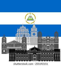 The national flag of the Nicaragua and the contour image of architectural landmarks of this country. Illustration on white background.