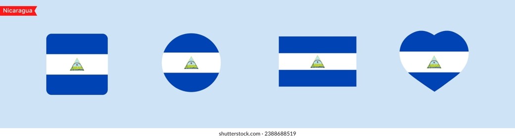 National flag of Nicaragua. Nicaragua flag icons for language selection. Flag in the shape of a square, circle, heart. Vector icons