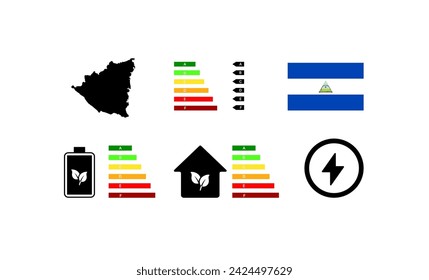 National flag of Nicaragua. Letter rating of Nicaragua. Electricity, house, lightning, continent rating icons. Flat style. Vector icons