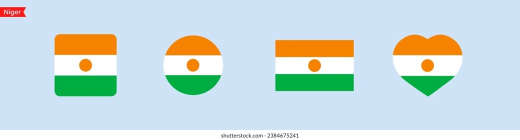 National flag of Niger. Flag icons for language selection. Niger flag in the shape of a square, circle, heart. Vector icons