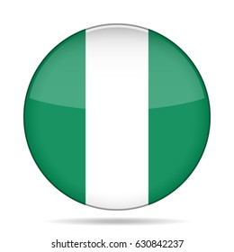 National flag of Nigeria. Shiny round button with shadow.