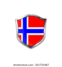 The national flag of Norway. Metal shield with reflections on a white background.