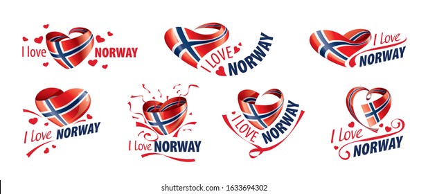 National flag of the Norway in the shape of a heart and the inscription I love Norway. Vector illustration