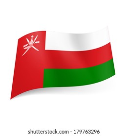 National flag of Oman: white, red and green horizontal stripes, vertical red band with national emblem on lest side 