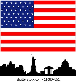 National Flag and the outline of buildings and architectural structures. The illustration on a white background.