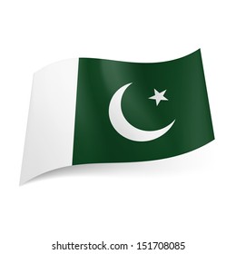 National flag of Pakistan: crescent moon and star on green background with white vertical stripe on the left side.