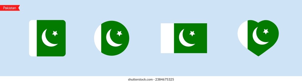 National flag of Pakistan. Pakistan flag icons for language selection. Pakistan flag in the shape of a square, circle, heart. Vector icons
