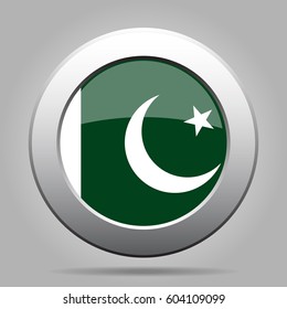 National flag of Pakistan. Shiny metal gray round button with shadow.