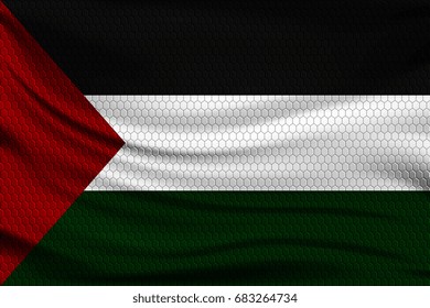 National flag of Palestine on wavy fabric with a volumetric pattern of hexagons. Vector illustration.