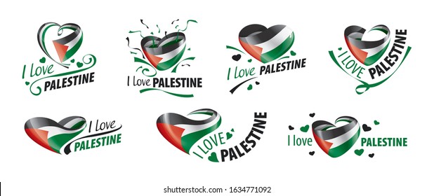 National flag of the Palestine in the shape of a heart and the inscription I love Palestine. Vector illustration