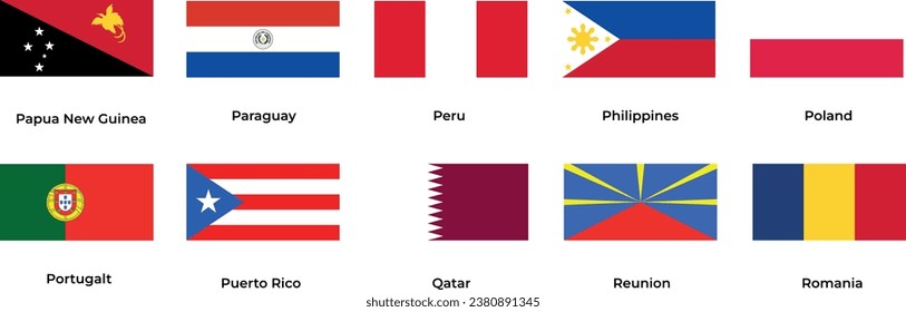 National flag of Papua New Guinea, Peru, Philippines, Poland, Portugal, Puerto Rico, Qatar, Romania