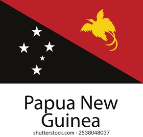 La bandera nacional de Papúa Nueva Guinea, con un campo diagonal rojo y negro con un pájaro amarillo del paraíso y cinco estrellas blancas.