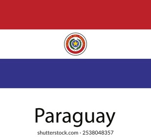 A bandeira nacional do Paraguai, com três listras horizontais: vermelho, branco com o brasão de armas nacional no centro e azul.