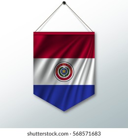 The national flag of Paraguay. The symbol of the state in the pennant hanging on the rope. Realistic vector illustration.