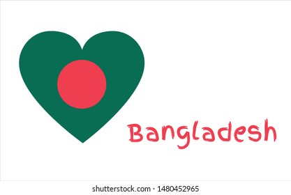 National flag of the People's Republic of Bangladesh in the shape of a heart with red text on a white background, vector icon 