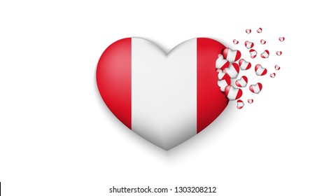 National flag of Peru in heart illustration. With love to Peru country. The national flag of Peru fly out small hearts on white background