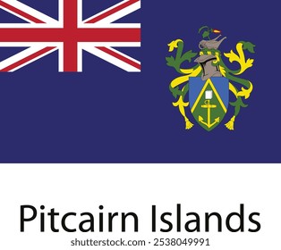 La bandera nacional de las Islas Pitcairn, un Territorio Británico de Ultramar en el Pacífico Sur.  Cuenta con el Union Jack en el cantón y un escudo verde con un ancla y un pergamino blanco que lleva la mayor parte