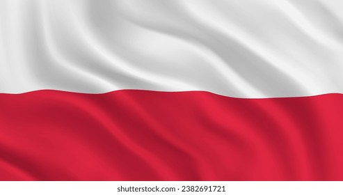 National flag of Poland flutters in the wind. Wavy Polish Flag. Close-up front view. Red and White flag. 3D Render. Realistic 3d vector illustration