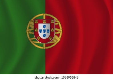 The national flag of Portugese. The symbol of the state on wavy cotton fabric. Realistic vector illustration. Portugese flag background with cloth texture. EPS10