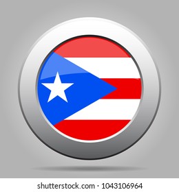 National flag of Puerto Rico. Shiny metal gray round button with shadow.