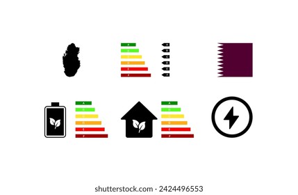 National flag of Qatar. Letter rating of Qatar. Electricity, house, lightning, continent rating icons. Flat style. Vector icons