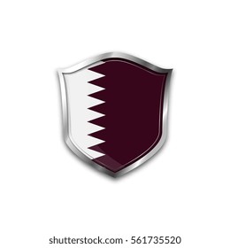 The national flag of Qatar. Metal shield with reflections on a white background.