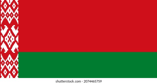 National Flag Republic of Belarus, Byelorussia, horizontal bicolour of red over green, with a red ornamental pattern on a white vertical stripe at the hoist