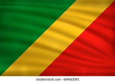 The national flag of Republic of the Congo on wavy silk background with bokeh lights. Realistic vector illustration.
