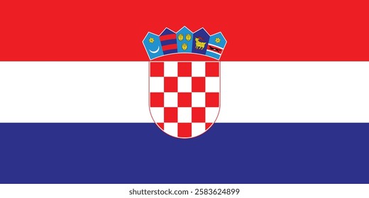 The national flag of the Republic of Croatia consists of three equal size, horizontal stripes in colours red, white and blue. In the middle is the coat of arms of Croatia.