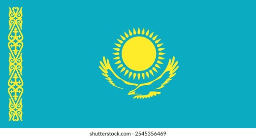 The national flag of the Republic of Kazakhstan has a gold sun with 32 rays above a soaring golden steppe eagle, both centered on a turquoise background