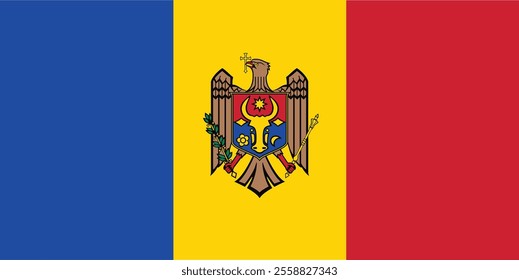 The national flag of the Republic of Moldova is a vertical triband of blue, yellow, and red, charged with the coat of arms of Moldova