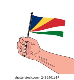 national flag of Republic of Seychelles in the original colours and proportions on the stick